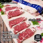 Beef Sirloin Australia BLACK ANGUS GF Grain-Fed MS2+ marbling2+ STEER (young cattle) Jack's Creek frozen STEAK CUTS; 3/8,3/4,1,2 inch (price/kg) - Striploin / New York Strip / Has Luar